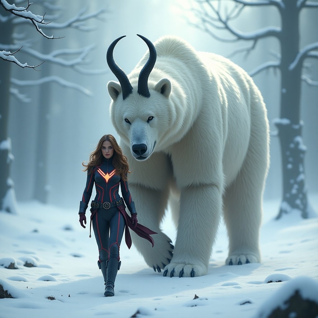 A superheroine in a Marvel costume walks in front of a giant white bear with horns. The bear has wise eyes and thick fur. The setting is snowy and mystical with soft lighting. The scene conveys power and spirituality.