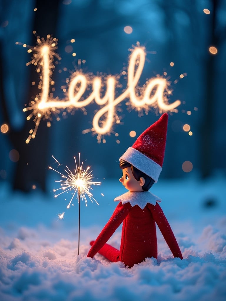 Elf on the Shelf in snowy scene at night with the name Leyla written in sparks in the sky.