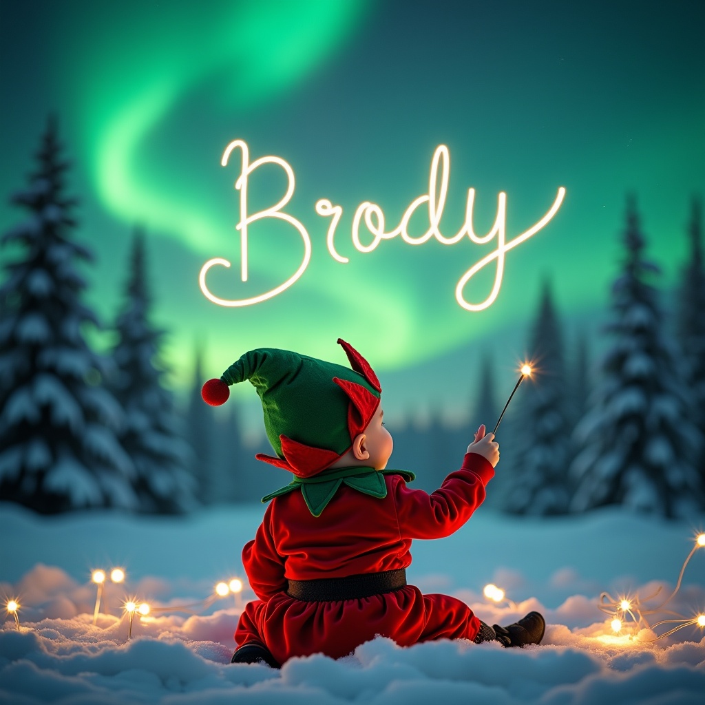 This enchanting scene showcases a baby in a vibrant elf costume, seated with their back to the viewer. The child holds a wand and looks up, magically creating the name 'Brody' in glowing letters. Above, the northern lights dance in shades of green, adding to the winter wonderland. Surrounding the baby are soft, twinkling lights, enhancing the festive atmosphere. Snow-covered trees add tranquility to this delightful moment, symbolizing the joy of the holiday season. The overall vibe is magical and heartwarming, perfect for capturing holiday spirit.