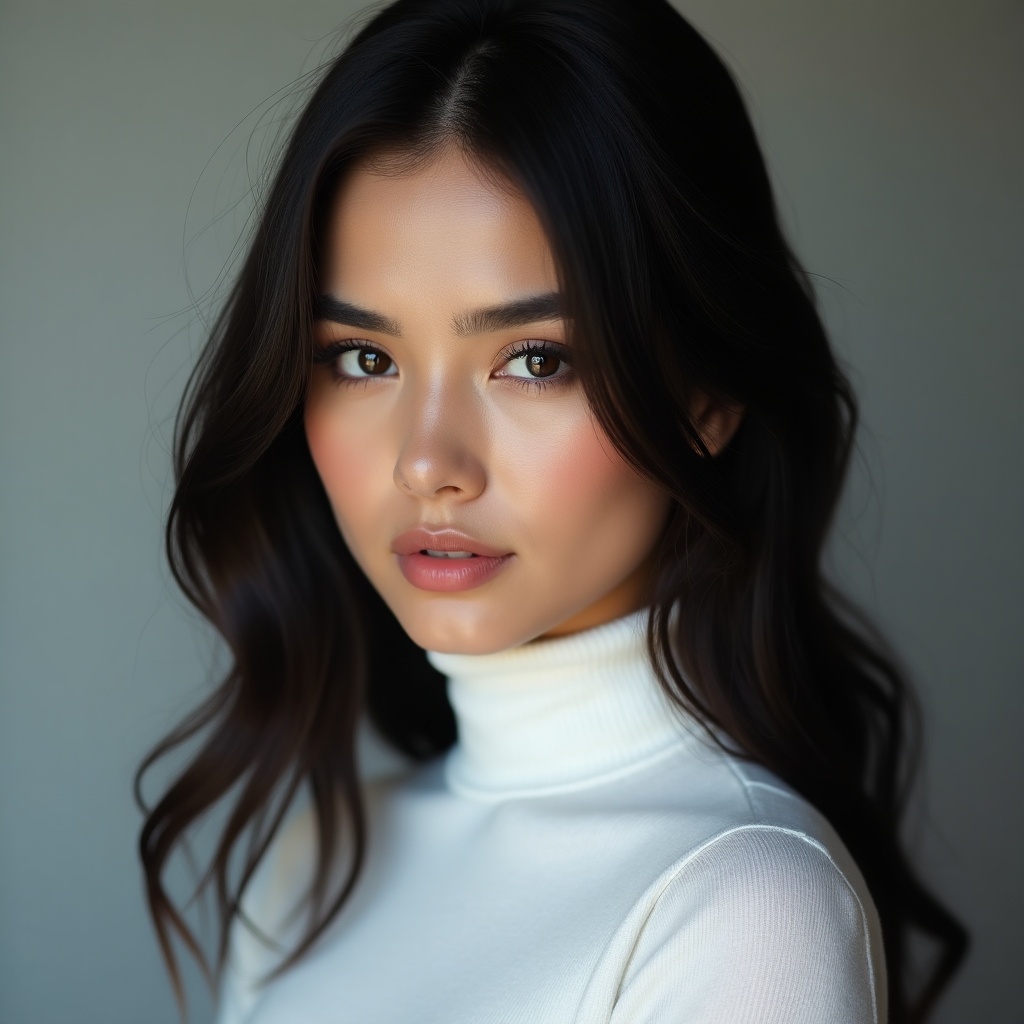 Portrait of a young beautiful woman with long dark hair and dark eyes wearing a white turtleneck. She looks slightly to the right of the camera with a neutral alluring expression. Full makeup enhances her features and glossy lips. Lighting is soft and diffused creating a gentle glow on silky smooth skin. Background is subtle gray or dark color adding depth. Focus is on her face making it the primary subject. High quality professional photography with realistic style and photorealistic details.