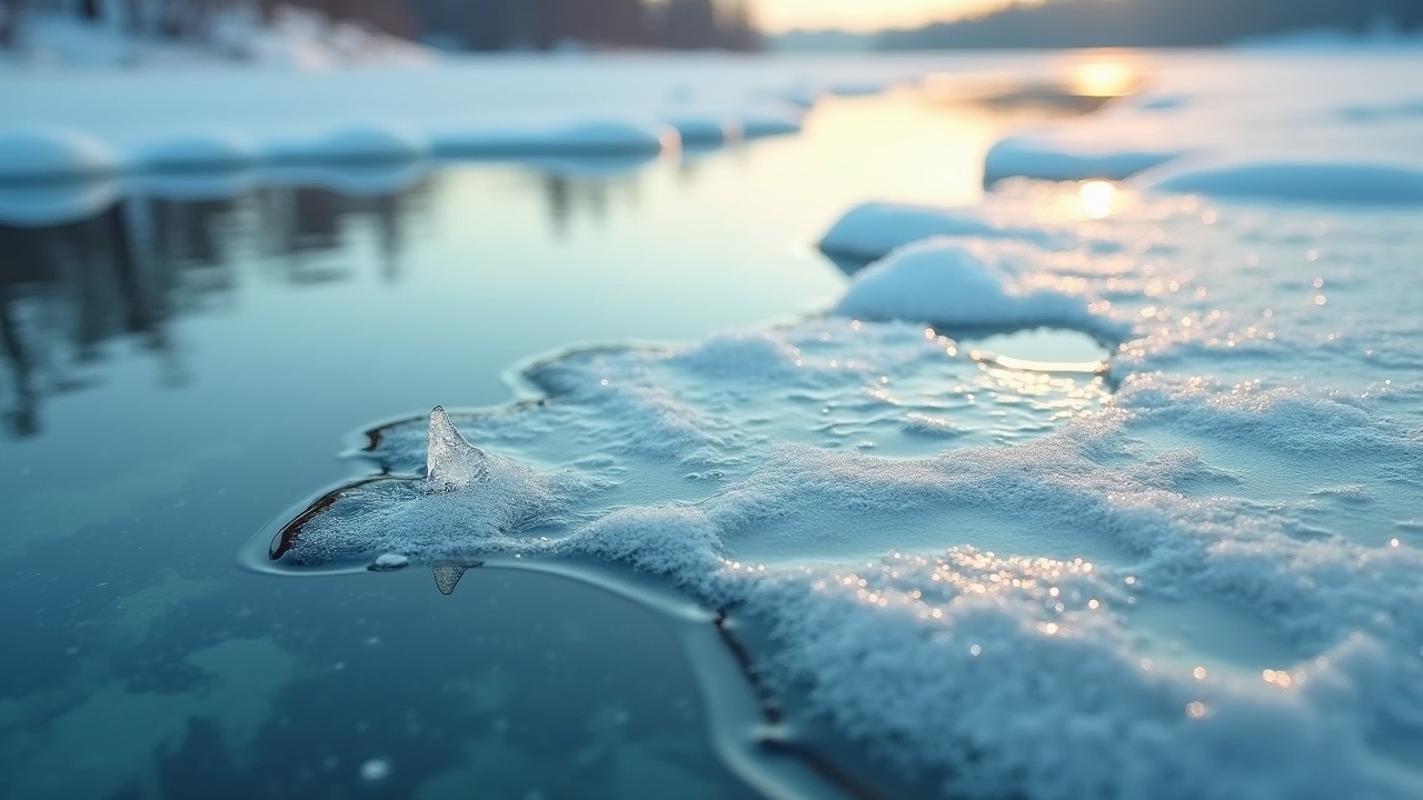 This image features a beautiful cinematic shot focusing on the close-up of a thin ice surface on a river. The shot captures rich details of the ice, with gentle imperfections and bubbles visible beneath the surface. Soft natural light reflects across the water, enhancing the tranquility of the scene. The colors are muted and pleasing, reminiscent of a well-edited film. This serene setting evokes a sense of calm and the beauty of nature in winter.