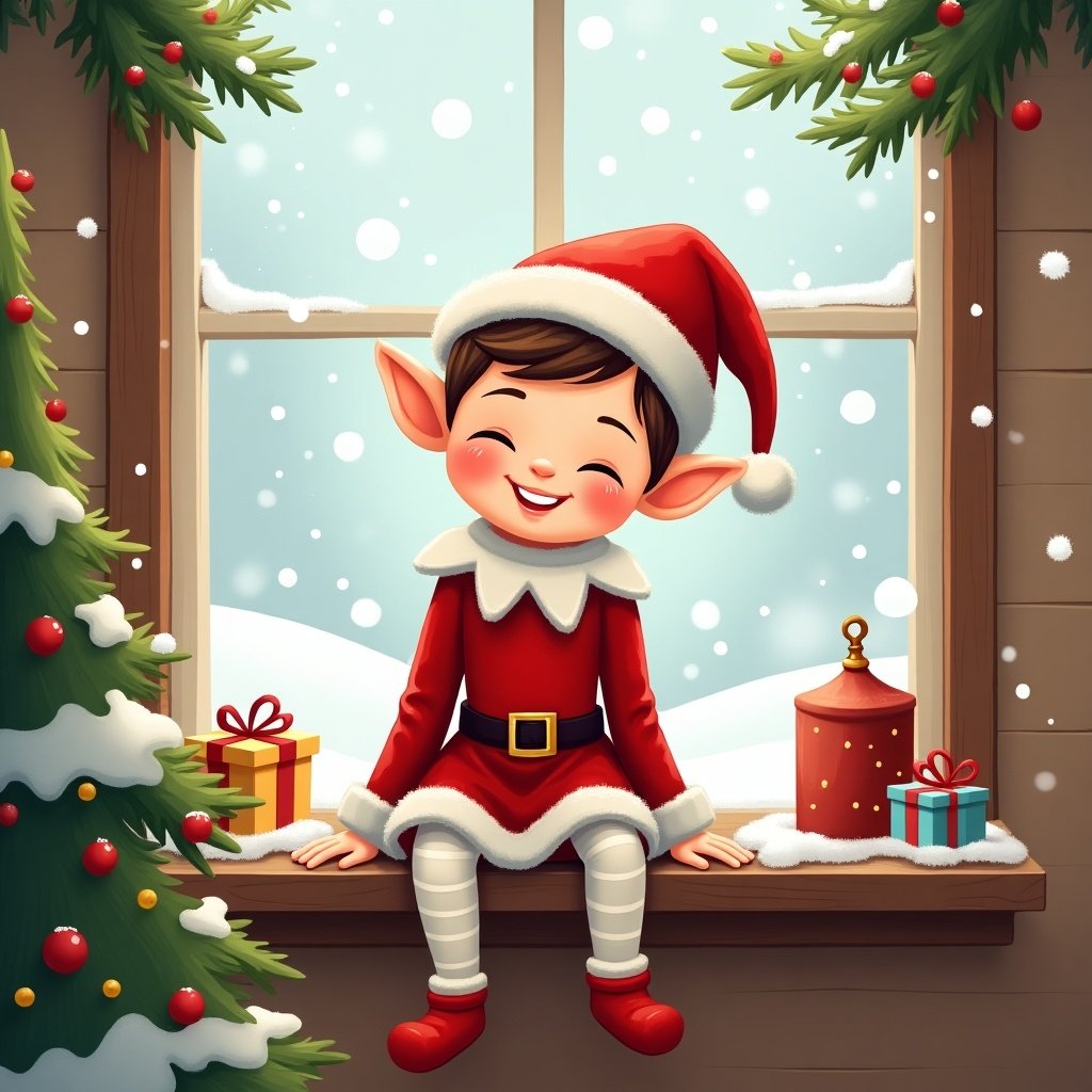 The image depicts a cheerful elf sitting on a windowsill during wintertime. The elf is wearing a traditional red and white outfit with a matching hat. Snowflakes gently fall outside the window, creating a festive atmosphere. The scene is decorated with green garlands and colorful presents nearby. The warm light coming from inside adds to the cozy holiday spirit.