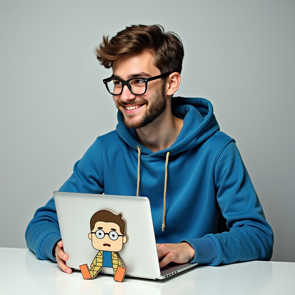 A smiling man in glasses and a blue hoodie sits at a table with a laptop featuring a quirky cartoon sticker.