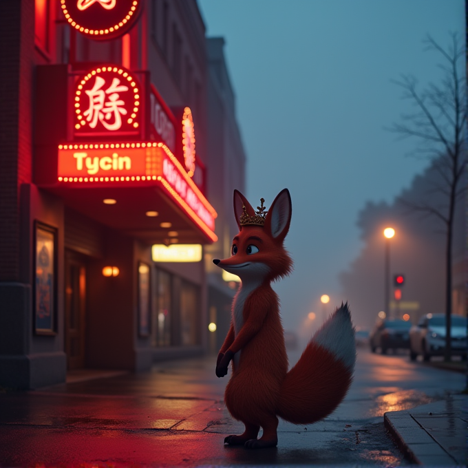 A cartoon fox wearing a crown stands on a city sidewalk illuminated by neon lights in the misty evening.