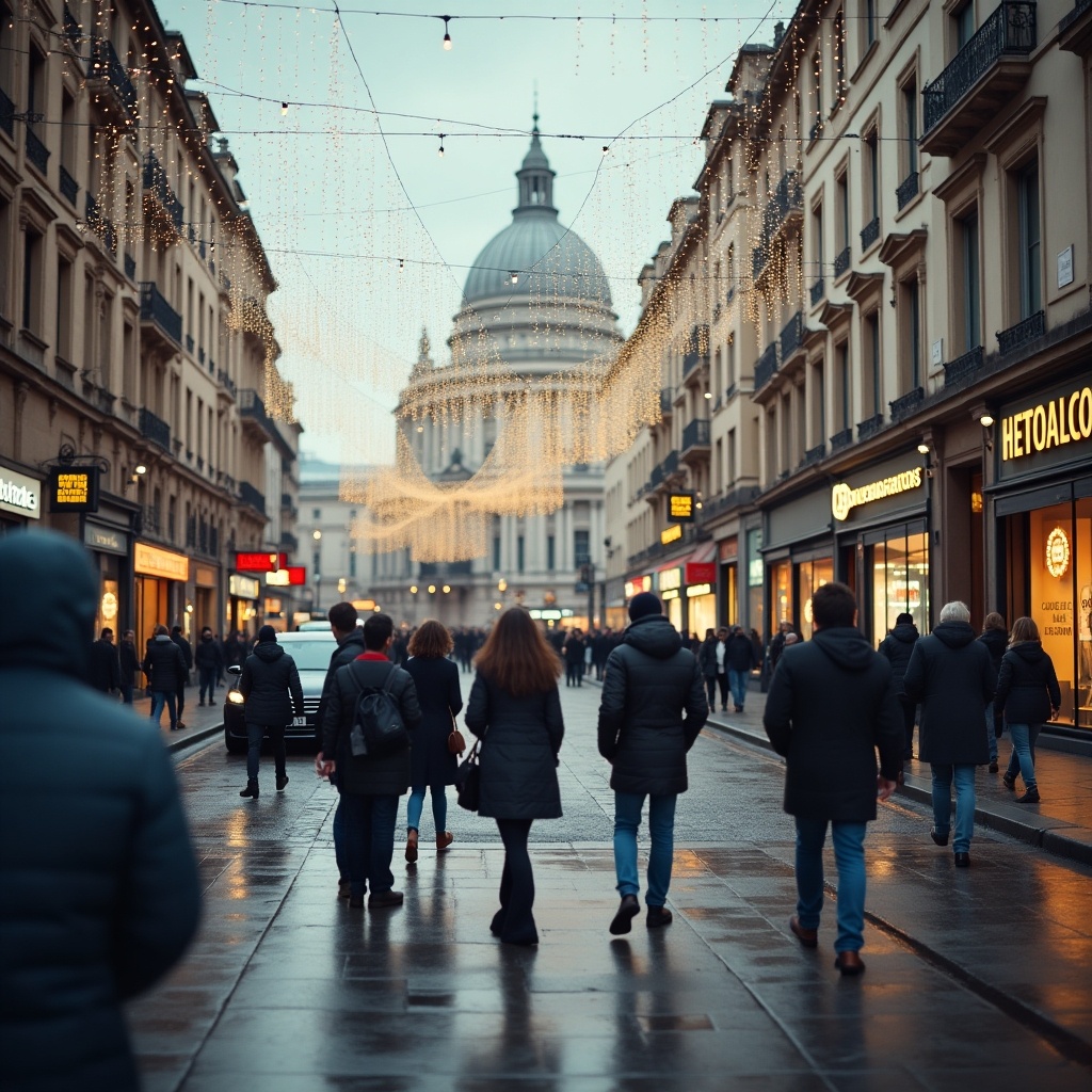 The image captures a bustling city street during the evening. People are walking along a well-lit path, lined with shops adorned with golden lights. In the background, a majestic dome building draws the eye, emphasizing the urban architecture. The wet pavement reflects the soft, diffused evening light, creating a warm atmosphere. The scene conveys a lively urban setting, perfect for showcasing city life and seasonal festivities.