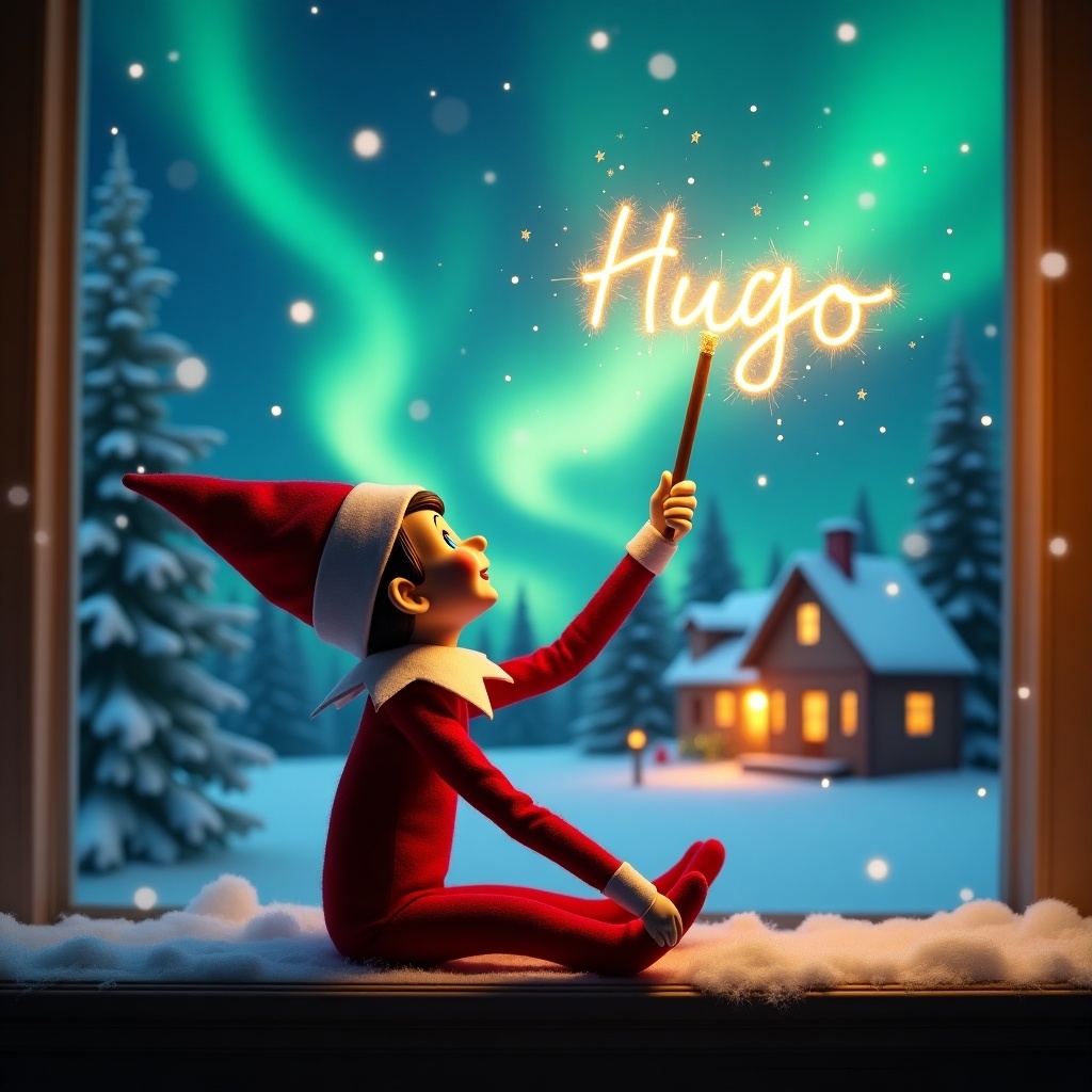 An elf on the shelf is facing away and looking up. It holds a glowing wand with sparkling light. The background features northern lights and a cozy house decorated for Christmas. Snow covers the ground.