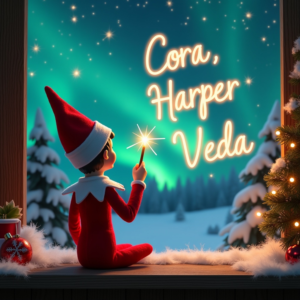 This image features an enchanting Christmas scene where an elf on the shelf is facing the skies. Dressed in a classic red and white outfit, the elf holds a magic wand. With a flourish, he writes the names 'Cora', 'Harper', and 'Veda' in a sparkling script above him. The backdrop is a stunning display of vibrant northern lights, creating a magical ambiance. The scene is festive and whimsical, showcasing the joyful spirit of Christmas. The elf's position and action evoke a sense of wonder, perfect for capturing the excitement of the holiday season.