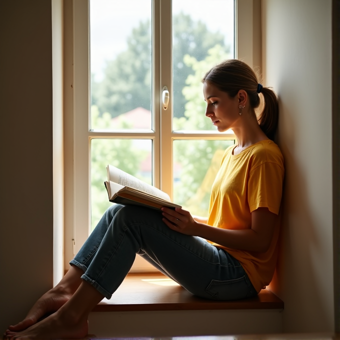 A woman in a yellow shirt sitting by a window, engrossed in reading a book with sunlight streaming in.