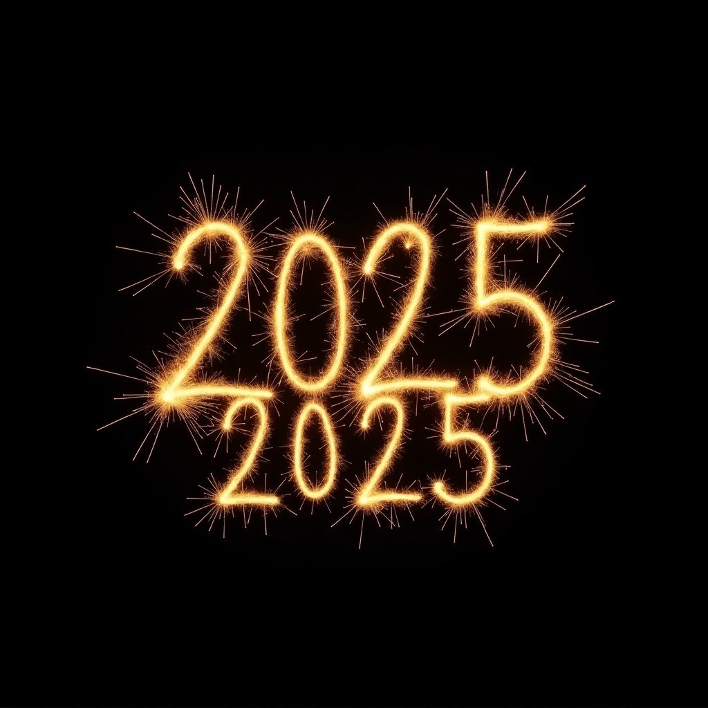 Text created with sparkler style displays the year 2025. Black background highlights the golden lettering. Surrounding sparks enhance the festive atmosphere. Suitable for celebrations.