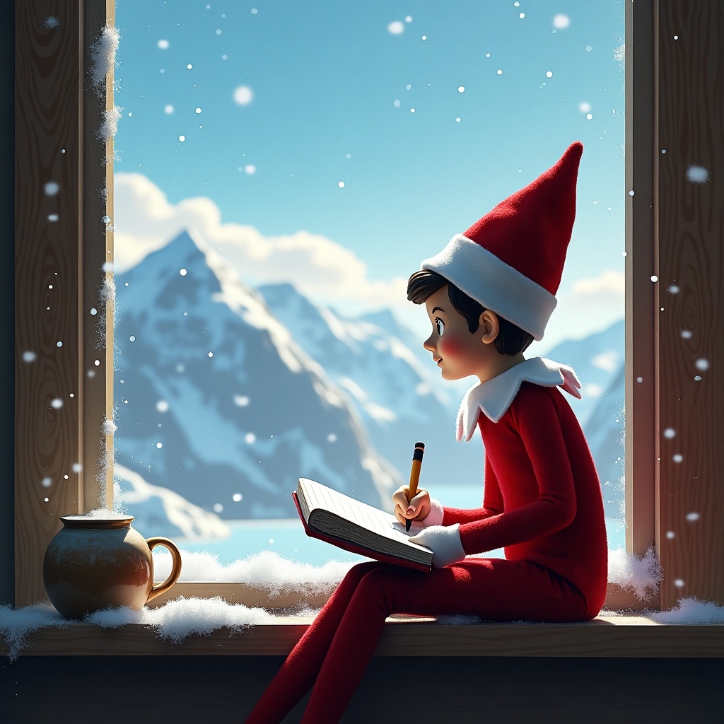 An imaginative scene featuring an elf in a red outfit with a matching hat, sitting by a window. The elf is writing in a book, gazing out at snowy mountains in Alaska. Soft snowflakes fall gently outside, creating a whimsical atmosphere. The room is cozy, with a warm pottery cup beside the elf. This image captures the essence of holiday magic and winter joy. Ideal for festive storytelling and seasonal promotions.