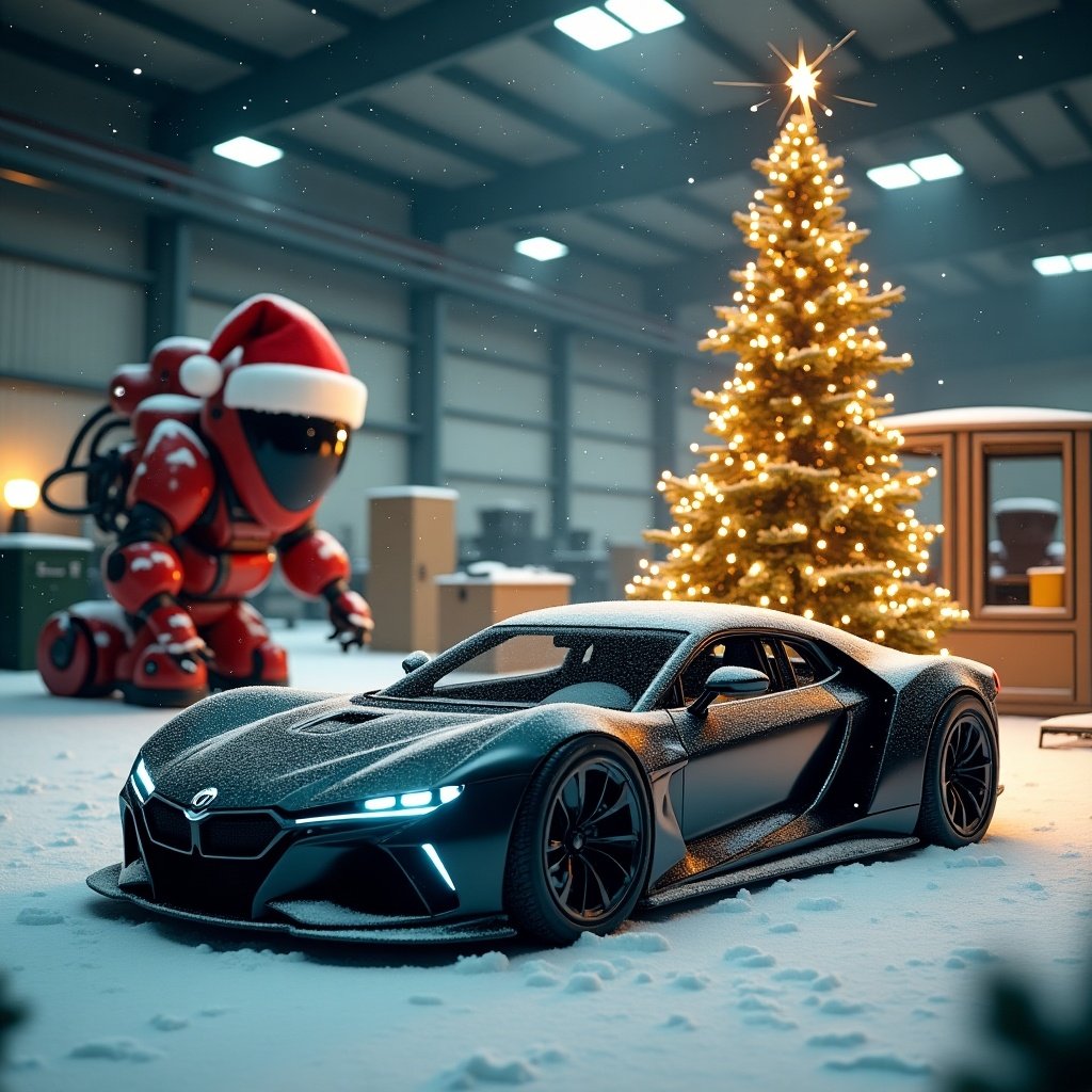 Realistic image of a futuristic car in snow. Car is sleek and dark. A creative Christmas tree made of automotive parts stands nearby. A Santa-hat wearing robot is in the background, symbolizing modern manufacturing. Snowflakes are falling. Scene is warm and festive with organized industrial plant behind.