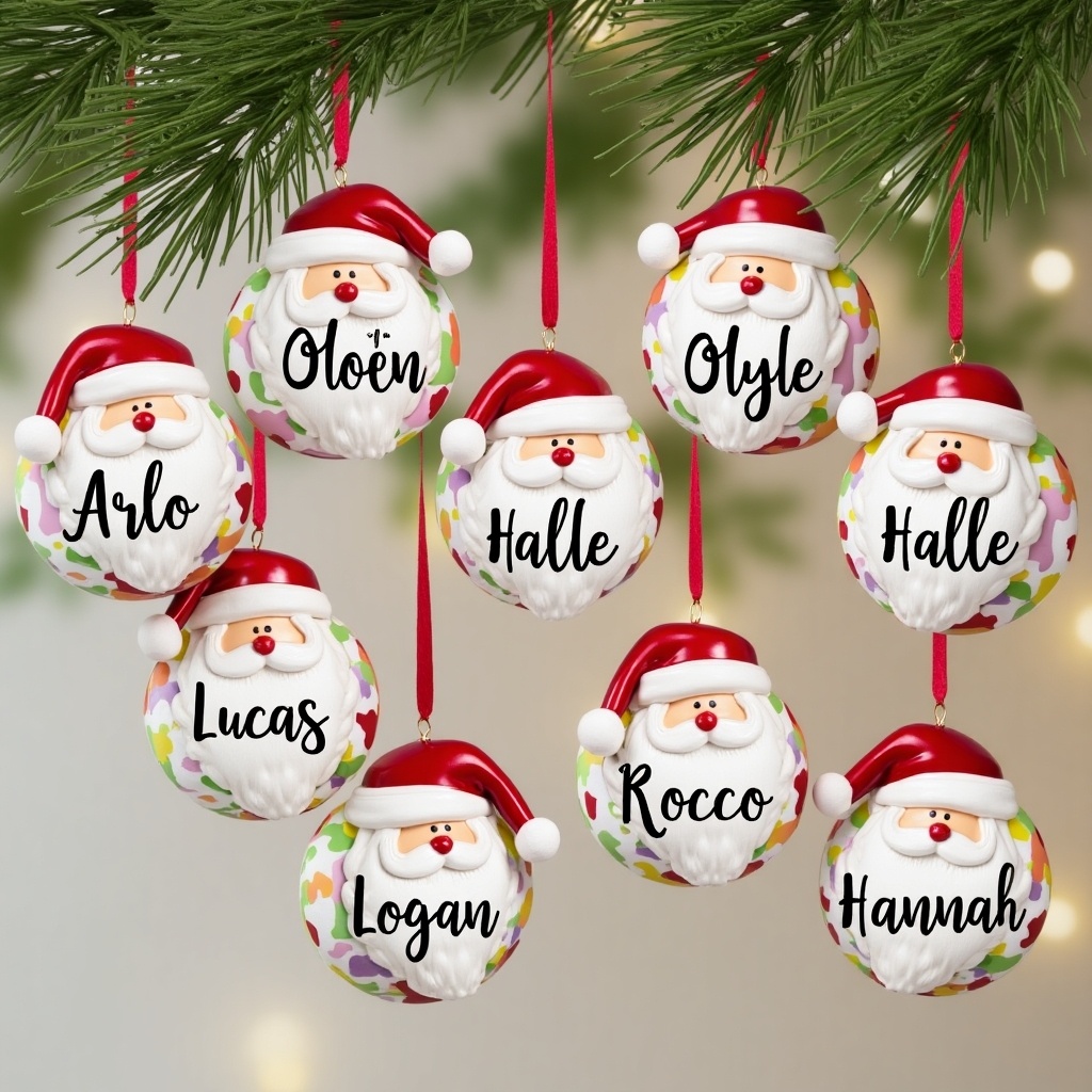 The image showcases a collection of colorful Christmas baubles featuring Santa Claus faces, personalized with names. Each bauble hangs from a green pine branch, creating a festive atmosphere. The names include Arlo, Molly, Dylan, Oliver, Halle, Lucas, Rocco, Logan, and Hannah. These ornaments combine traditional holiday imagery with a personal touch. The overall scene is merry and bright, perfect for holiday decoration or gift ideas.