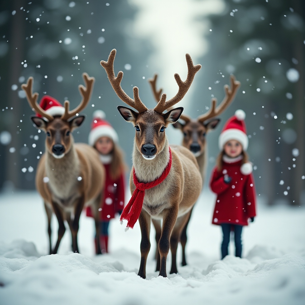 Three reindeer with antlers standing in snow. Three children dressed as Christmas elves nearby in matching outfits. Soft snow falls around.