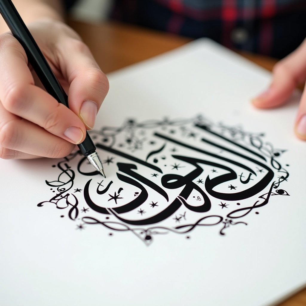 Close-up view of hand using pen to write Arabic calligraphy. Bold black ink on white paper. Hand is steady and focused on letters. Designs surround the main calligraphy. Soft lighting enhances the strokes.