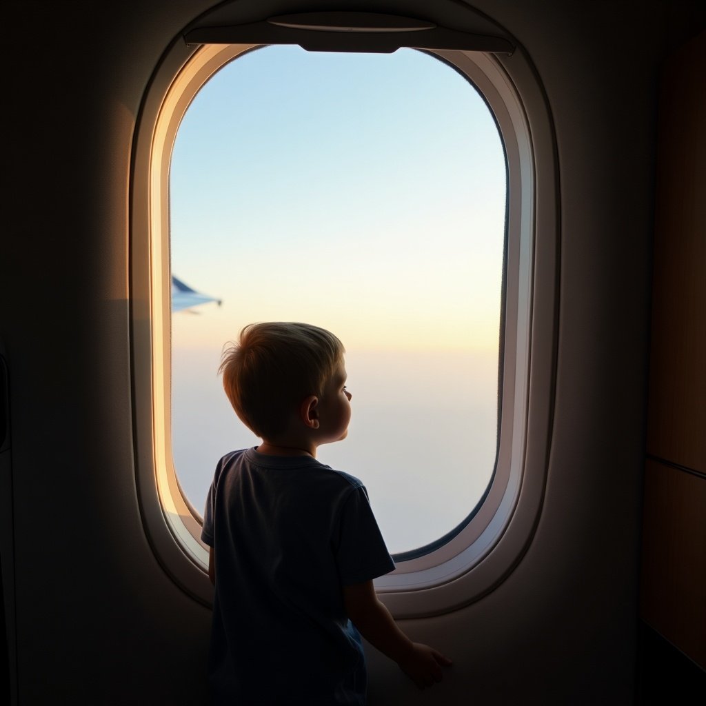 A boy gazes out of an airplane window at the sky. The sun sets in the distance casting a warm glow. The scene conveys a sense of wonder and adventure associated with flying.