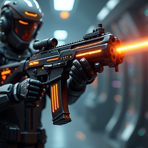 Futuristic high-tech tactical rifle concept art with cyberpunk influences. Black body with vibrant orange highlights. Glowing laser emits from barrel. Set in technological background. Emphasizes intricacies of design.