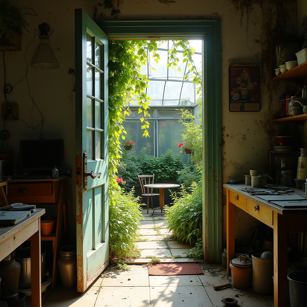 Sunlight streams through a rustic door leading to a lush greenhouse with vibrant greenery and a cozy chair.