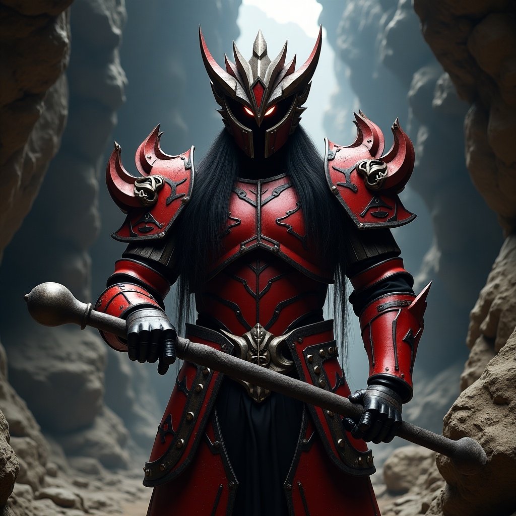 A person in full armor stands in a cave. The armor is primarily red and black. The helmet features ten faces around it. The person has long black hair and holds a big club. The setting conveys a fantasy theme resembling Kamen Rider and mecha elements.