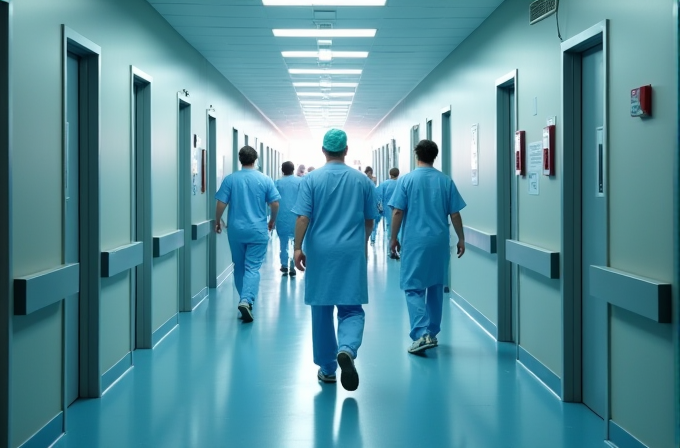 Several medical professionals in blue scrubs walk down a long, bright hospital hallway.