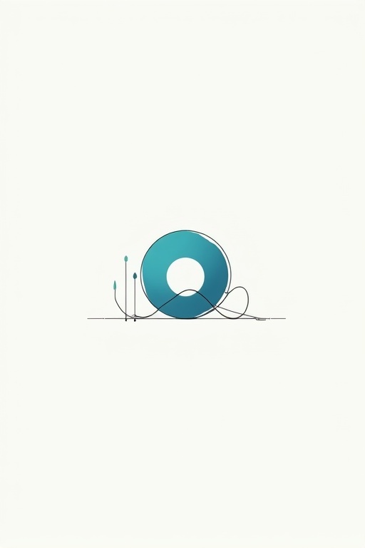 Minimalist logo design for an architectural project named 'Soroush'. Logo features Persian architectural influences. Design uses a continuous line with abstract forms inspired by columns, cypress trees, and color-changing circular panels. Dominant turquoise color represents the concept of the building. Sleek and refined style.