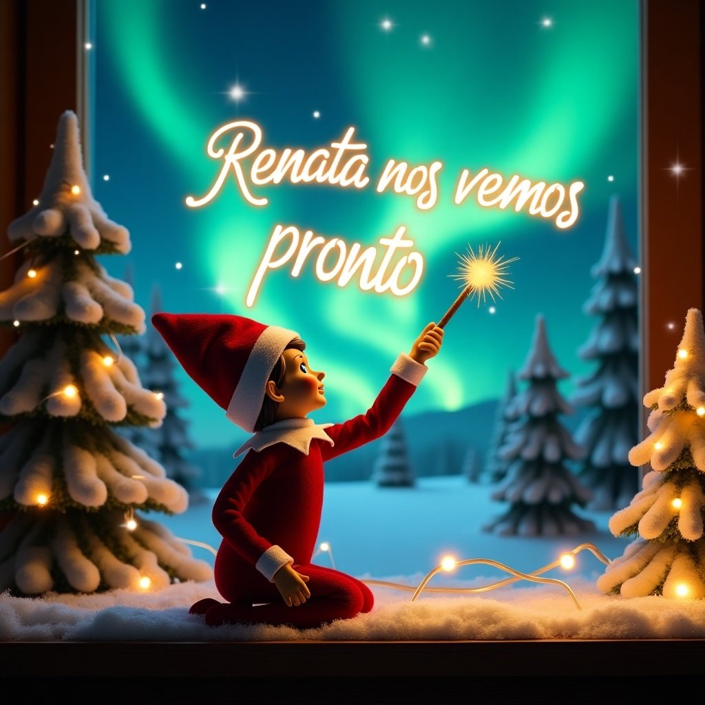 This image features a magical Christmas scene with a playful elf on the shelf. The elf, dressed in a traditional red and white outfit, is facing the sky, holding a wand that creates glowing text. The text reads 'Renata nos vemos pronto' in bright script. The backdrop showcases stunning northern lights, adding vibrant colors to the scene. Snow-covered trees adorned with twinkling lights surround the elf, enhancing the festive mood and creating an enchanting atmosphere.