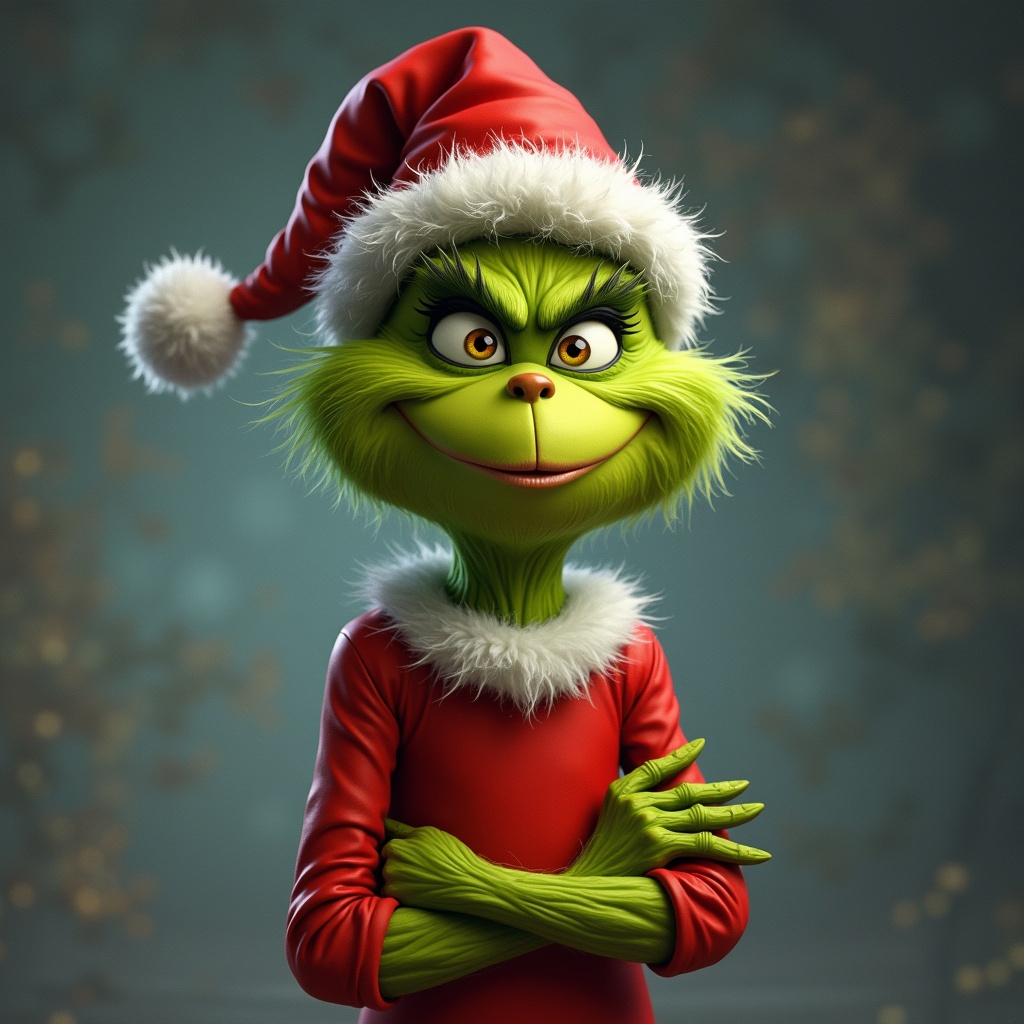 A whimsical character resembling the Grinch. The character has green fur, wears a red and white Christmas outfit, and has a mischievous smile. Background is festive with soft lighting.