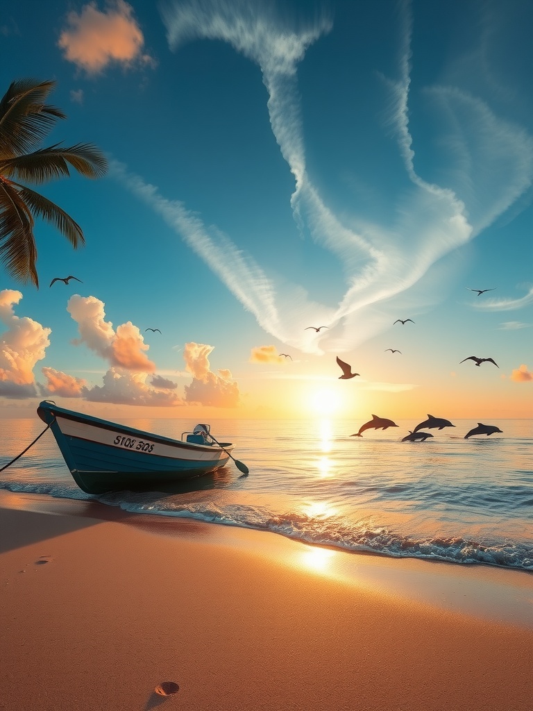 A tranquil beach scene at sunset, featuring a small boat on the sand, gently lapped by the waves. The sky is painted in shades of orange and blue, with clouds forming intricate patterns. Dolphins leap gracefully over the water under a golden sun, while seagulls fly across the horizon, creating a serene and idyllic coastal atmosphere.