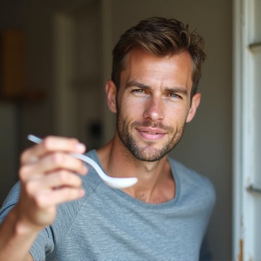 Caucasian white man holding a spoon in selfie style in a natural indoor setting with a casual vibe