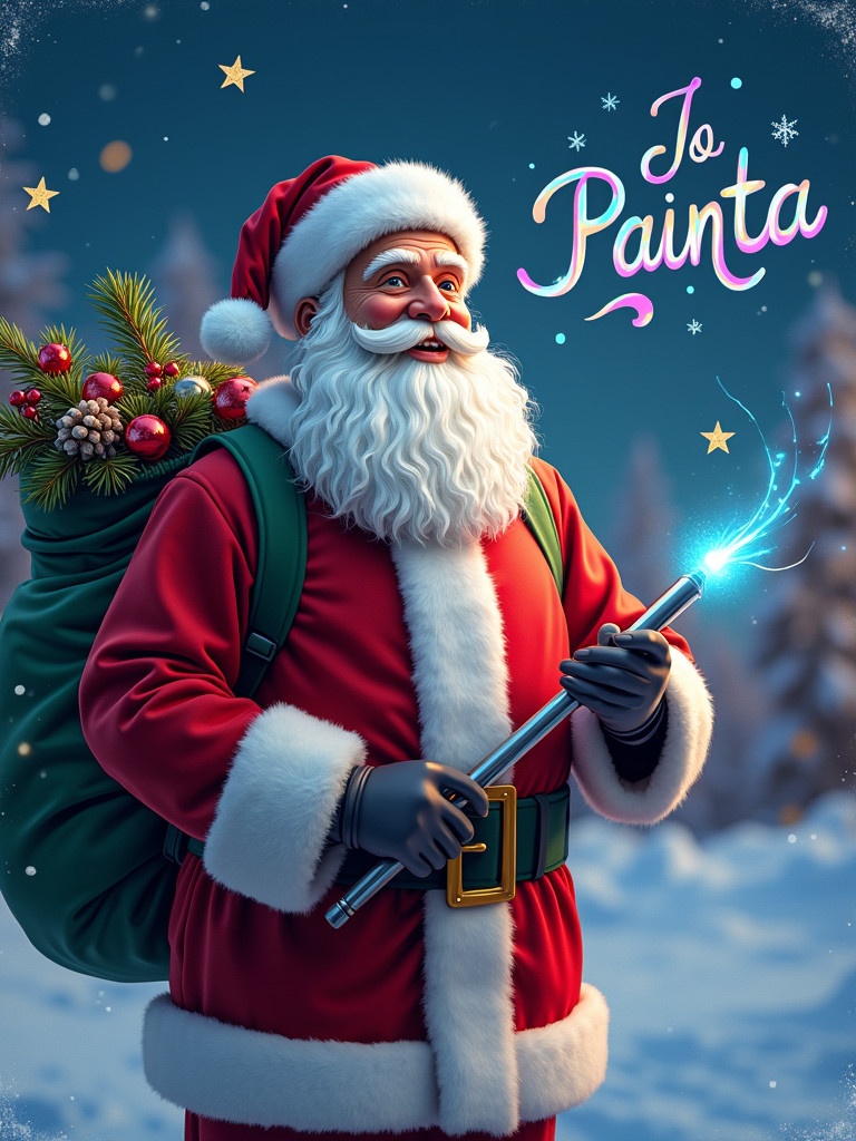 Beautiful Christmas scene with Santa Claus writing in the sky using a colorful glow pen. Santa carries a bag filled with gifts, including hoses and fittings. The scene captures the festive spirit with snowy landscape and twinkling stars.