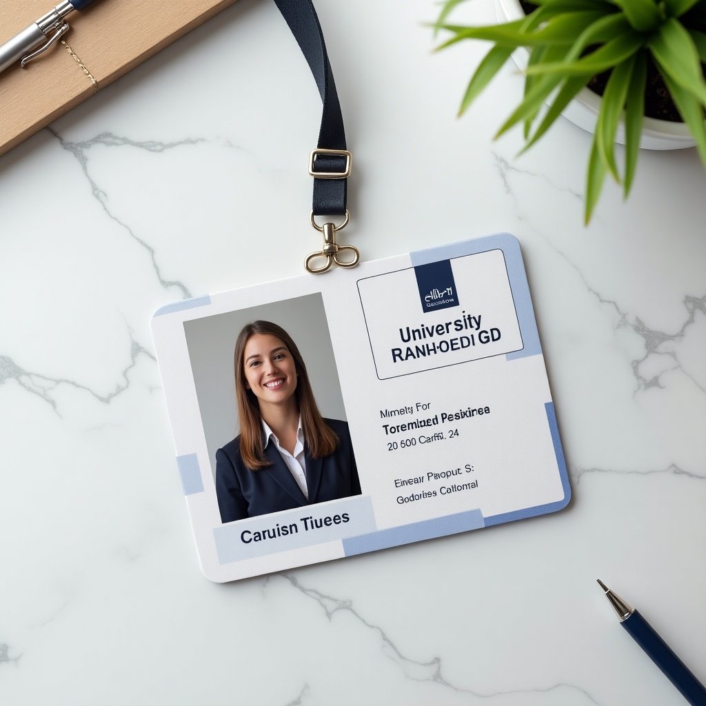 Realistic student ID card on a marble surface. Features a young person's portrait. Designed for university use.