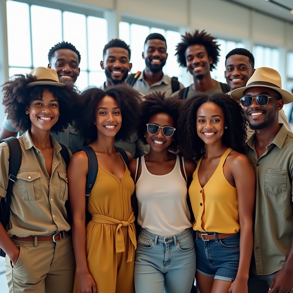 A cheerful group of young adults poses together in a spacious indoor area with large windows. They are wearing casual, stylish clothing, with a mix of summer and travel attire. Some individuals have sunglasses and hats, indicating they are ready for an adventure. The atmosphere is joyful and friendly, showcasing diversity within the group. Their smiles suggest they are having a great time, perhaps on the eve of a trip or a fun outing together. The bright natural light fills the room, enhancing the lively mood of the image.