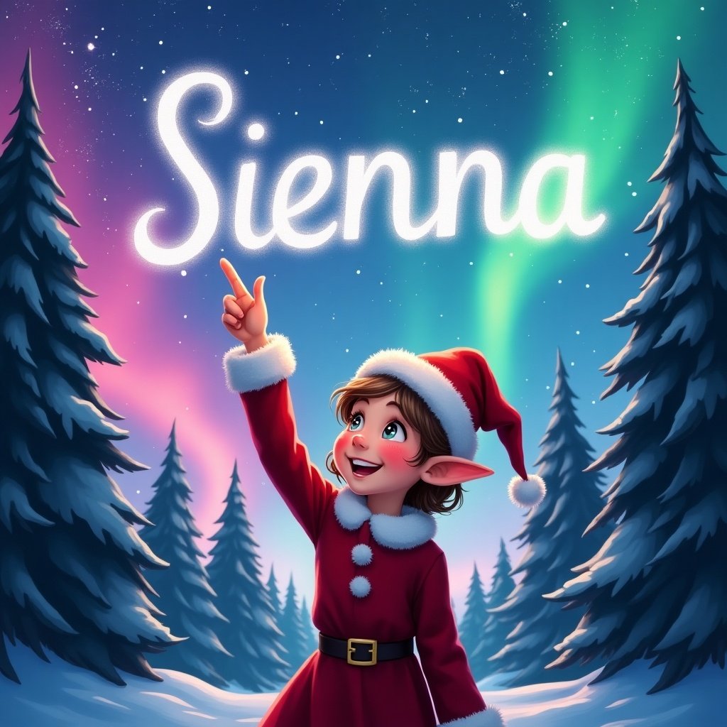 In a magical winter landscape, a joyful elf girl with short hair is playfully pointing upwards. She is writing the name 'Sienna' in the sky using her magic. The night sky is illuminated by stunning northern lights in vibrant colors like pink, blue, green, and purple. Clad in a traditional red outfit with a Santa hat, she embodies the festive spirit. Her expression is one of wonder as she engages with the enchanting environment around her. Tall evergreen trees surround her, enhancing the whimsical winter atmosphere.