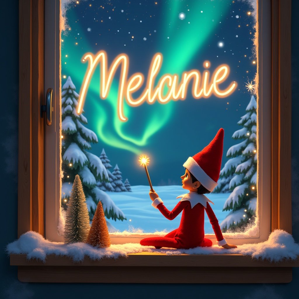 An enchanting Christmas scene features an elf on the shelf, sitting by a window with its back to the viewer. The elf, dressed in festive red and white, holds a magic wand, writing 'Melanie' in glowing script in the starry sky. Outside, vibrant northern lights illuminate the snowy landscape, adding a magical touch. Decorated Christmas trees are visible in the backdrop, embodying the joy and wonder of the holiday season. The warm glow from the elf's surroundings creates a cozy atmosphere, inviting viewers into a whimsical Christmas celebration.