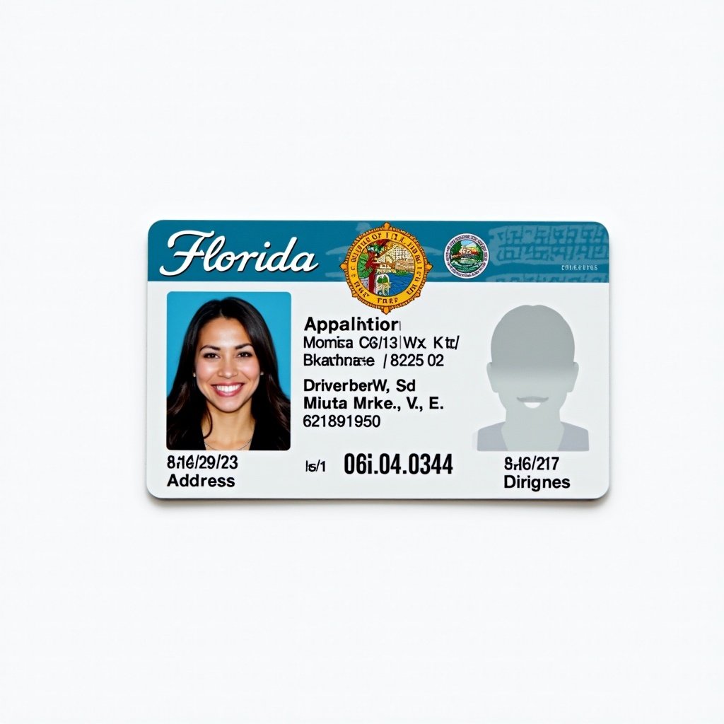 The image depicts a Florida driver's license featuring typical elements such as a photo, personal information, a unique ID number, and official state logos. The color scheme is light blue with gold accents, and the layout is organized and easy to read.