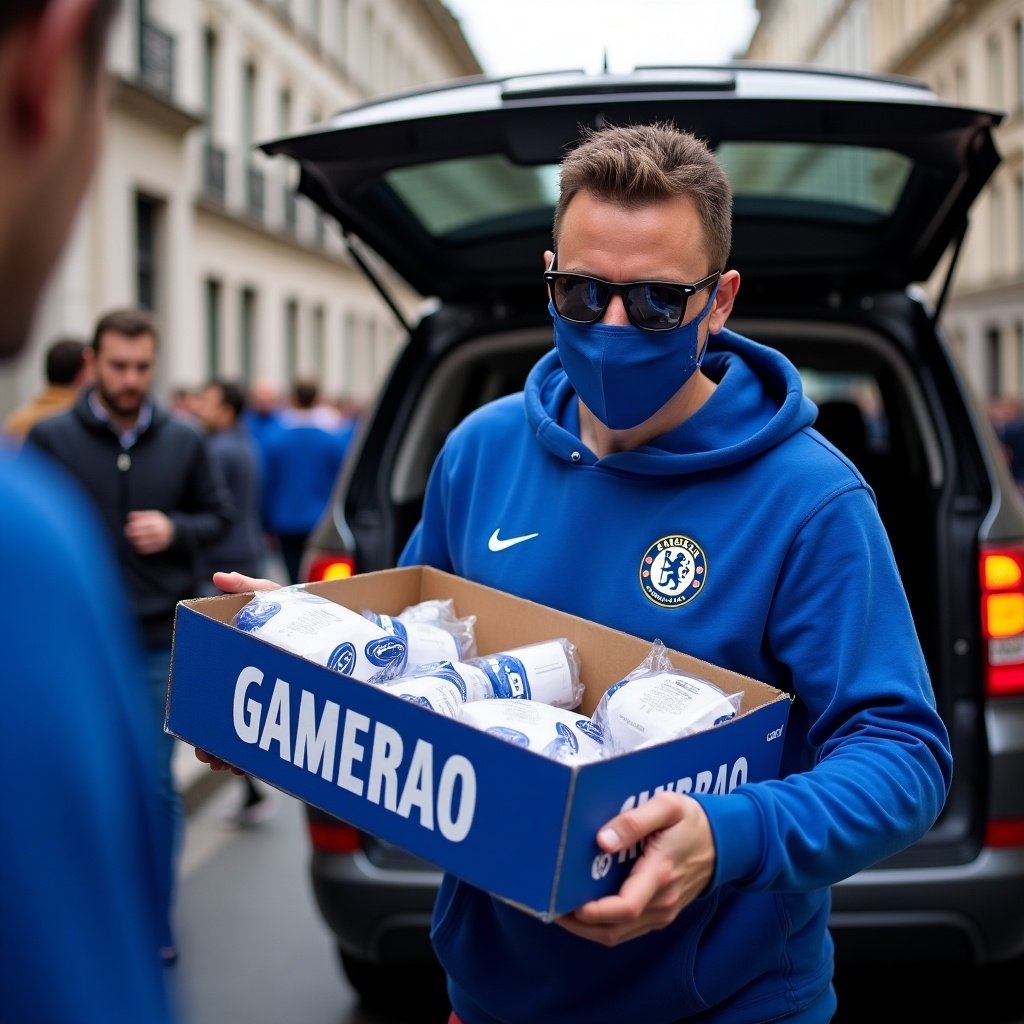 Chelsea FC fan wears a mask and sunglasses. Carries a box filled with packages. Standing at the back of a vehicle.