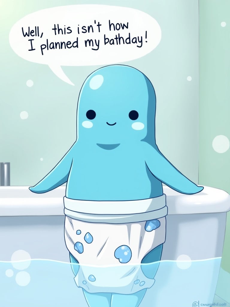 Rimuru from anime That Time I Got Reincarnated as a Slime. Rimuru looks cute and blue. Rimuru wears a large wet diaper with water droplets design. Rimuru looks calm and dignified in absurd situation. Background shows a serene bathroom. Speech bubble says Well this isn't how I planned my bath day.