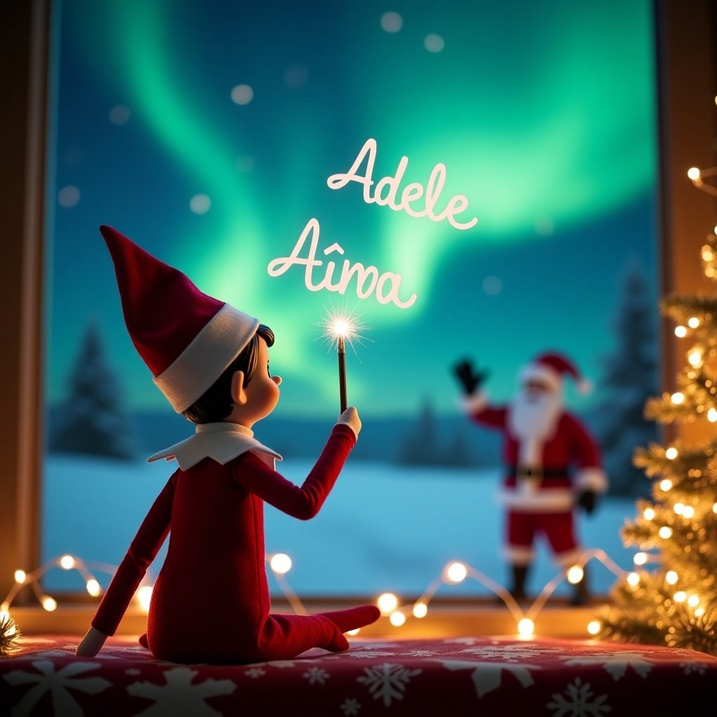 An adorable scene captures an Elf on the Shelf with his back to the viewer, facing a breathtaking nighttime sky illuminated by the northern lights. The elf, dressed in traditional holiday attire, uses a magic wand to write the names 'Adele', 'Amaya', and 'Alina' in the air. In the background, Santa Claus joyfully waves, enhancing the sense of wonder and joy. The scene includes decorative Christmas elements like a beautifully lit tree and twinkling fairy lights, creating a festive atmosphere. This enchanting setup evokes feelings of happiness and holiday spirit.