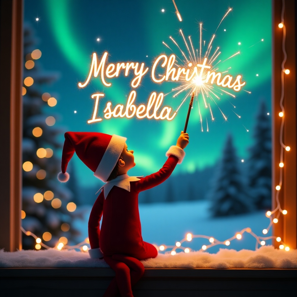 An enchanting Christmas scene with an elf on the shelf. The elf faces the sky with a magic wand. He writes 'Merry Christmas Isabella' in sparkler script. The backdrop features vibrant northern lights. The scene is festive and whimsical, capturing holiday joy.