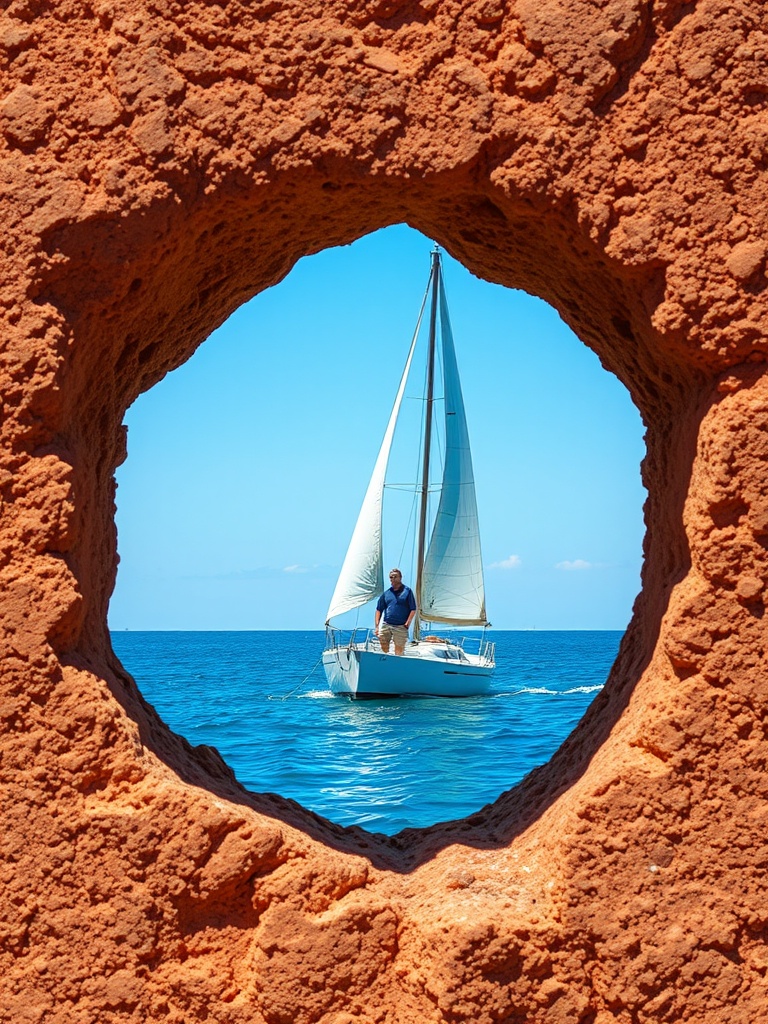 A picturesque scene captures a sailboat gliding across a serene blue sea, viewed through a natural rock arch that acts like a frame. The vibrant contrast between the deep blue water and the warm, earthy tones of the rock creates a striking visual. The image evokes a sense of exploration and tranquility, highlighting the beauty of nature and the freedom of sailing.