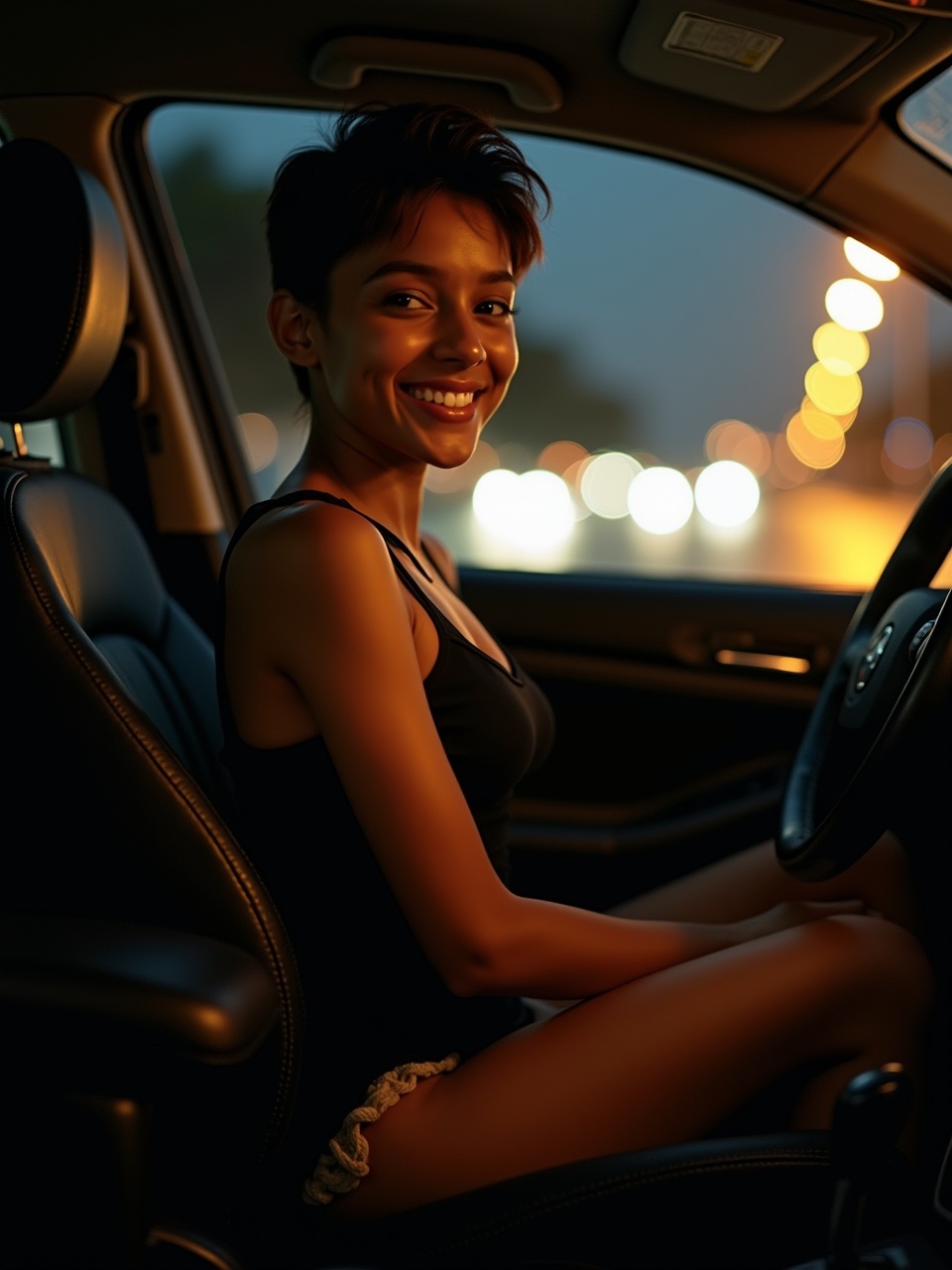 A smiling young woman sitting in the driver's seat of a car during evening, with city lights visible through the window, wearing a black tank top, showcasing a warm and inviting atmosphere.