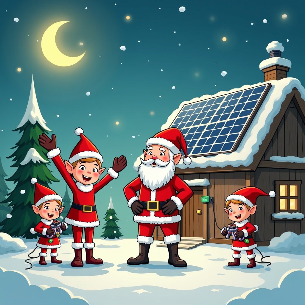 Elves enjoy electric toys at Santa's Workshop. Workshop features solar panels on the roof. Image demonstrates solar power use. Cartoon style.