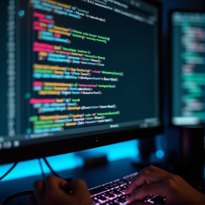 A person is typing on a keyboard in front of a computer displaying colorful lines of code.