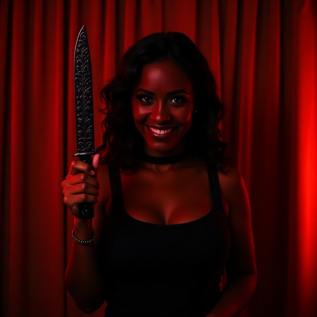 A woman holds a dark ornate knife amidst dramatic red lighting. Curtains frame the scene. Her expression is mysterious. The atmosphere is intense and suspenseful.