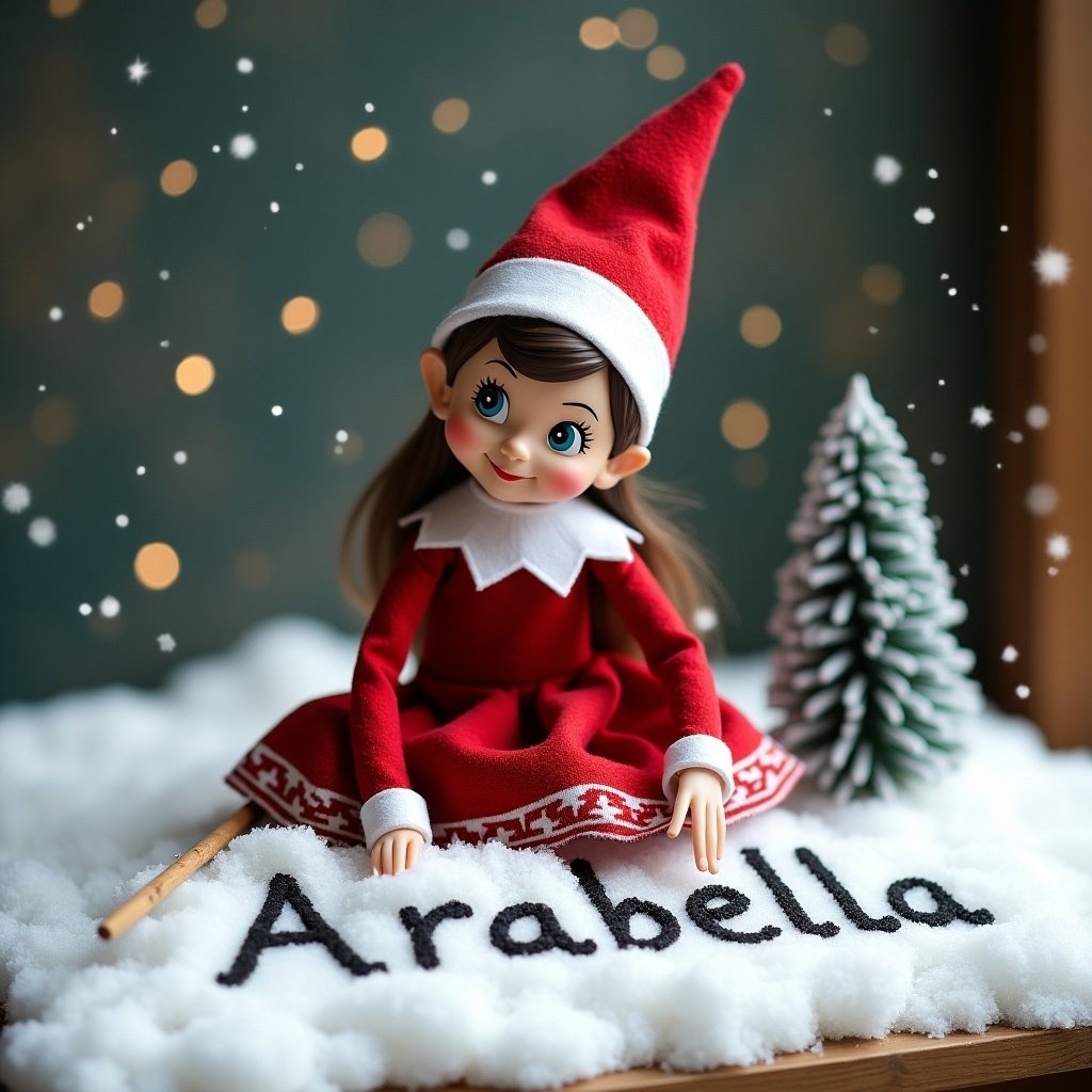 A traditional girl elf on the shelf. Elf wearing a red dress. Snowy background. Writing 'Arabella' in the snow with a stick.