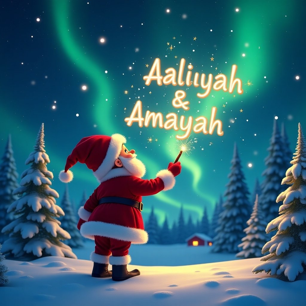 In this enchanting Christmas scene, Santa Claus stands with his back to the viewer, gazing at the magical northern lights above. He holds a sparkling magic wand, glowing brightly as he inscribes the names 'Aaliyah' and 'Amayah' against the starry sky. The landscape is adorned with snow-covered trees, creating a wintry wonderland. The atmosphere exudes joy and holiday cheer. An inviting cabin can be seen in the distance, adding to the festive feel of the scene.