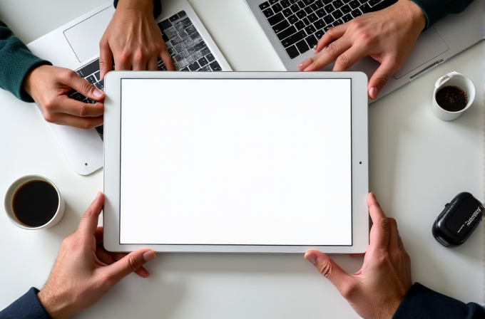 Three people are sitting at a table with laptops and holding a large tablet with a blank screen.