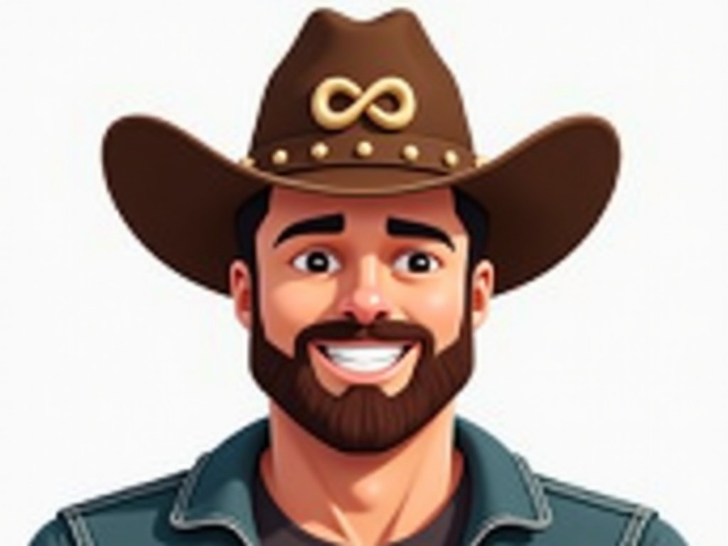 The image features a smiling man wearing a cowboy hat and a denim jacket. He has a full beard and an inviting expression. The background is simple and clean, emphasizing the character. The cowboy hat has a distinctive infinity symbol. This representation captures a friendly and approachable vibe, making it suitable for various contexts like marketing or entertainment.