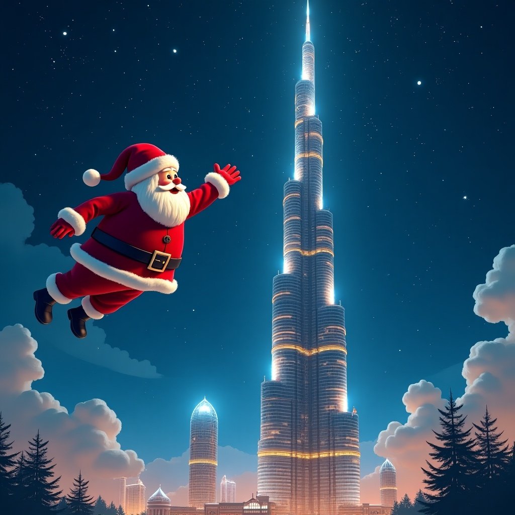 Santa Claus flying towards the Burj Khalifa. The scene shows Santa in a red suit with white trim. Burj Khalifa illuminated in the night sky. Surrounded by clouds and stars.