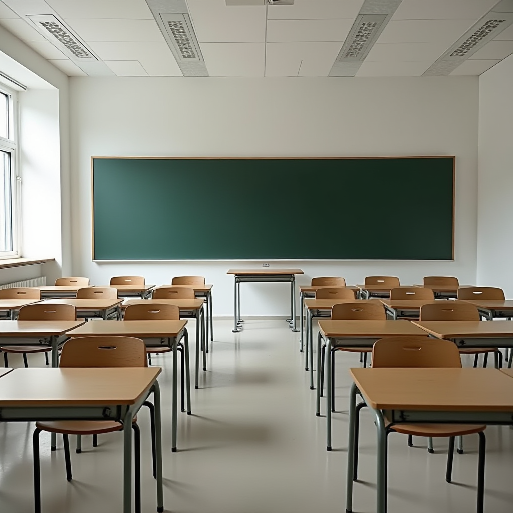 A neatly arranged classroom with rows of desks facing a large blank chalkboard.