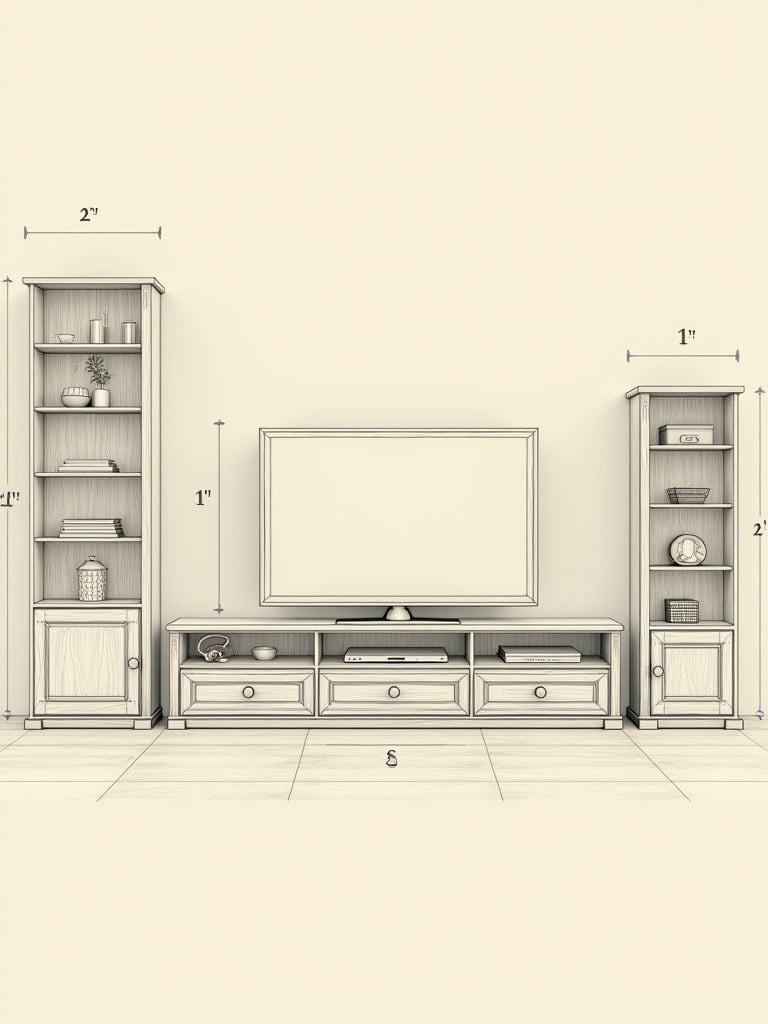 Orthographic scale drawing of an entertainment TV furniture set. Each piece includes specific dimensions. TV stand measures 6 feet long and 2 1/2 feet wide with three shelves and drawers. There is a vertical shelf on the left side measuring 2 by 6 feet high.